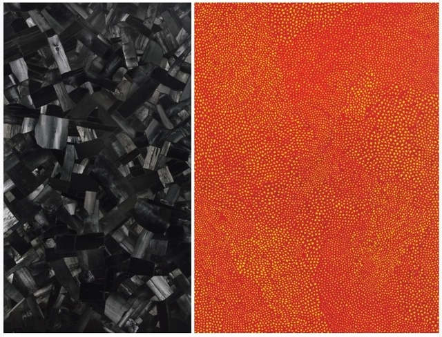 왼쪽은 Lot. 41, 이배, 1956 - , <Issu du Feu>, 캔버스에 숯, 209.2×119.3cm, 2000,
2억 9000만원-4억 5000만원. 오른쪽은 Lot. 43, 야요이 쿠사마, 1929 - , <Infinity Nets (LFVUK)>, 캔버스에 아크릴, 130×97cm(60), 2018, 가격 별도문의 서울옥션 제공
