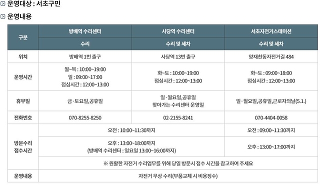 서울 서초구의 고정식 자전거 수리센터 운영 시간