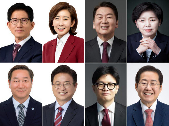 국민의힘 대통령선거 경선 후보들.
가나다순으로 윗줄 왼쪽부터 김문수 전 고용노동부 장관, 나경원 의원, 안철수 의원, 양향자 전 의원. 아랫줄 왼쪽부터 유정복 인천시장, 이철우 경북도지사, 한동훈 전 대표, 홍준표 전 대구시장. 국민의힘 제공