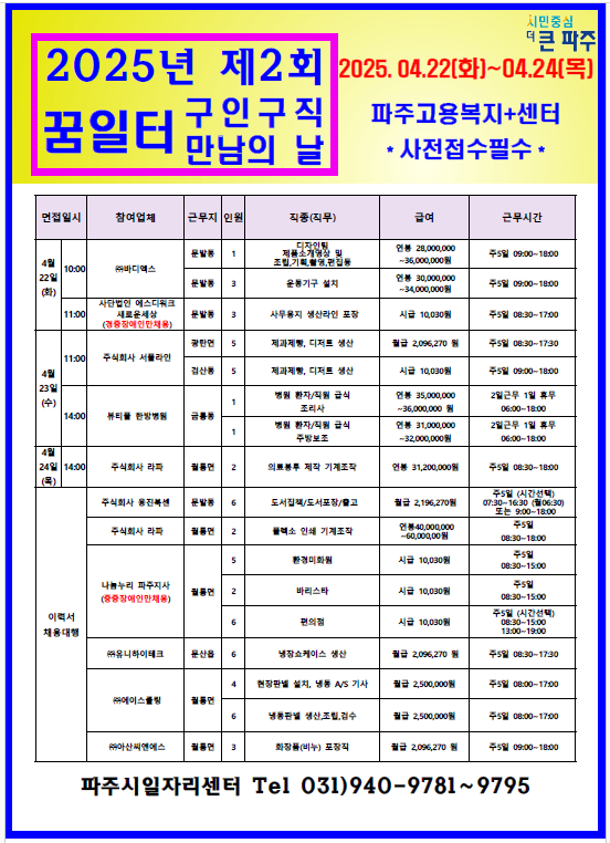 파주시는 오는 22일부터 24일까지 파주고용복지플러스센터(금촌동 MH타워 8층)에서 2025년 제2회 ‘구인·구직 만남의 날’을 개최한다. 파주시 제공