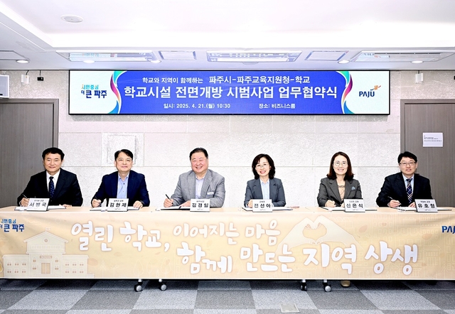 김경일(왼쪽 세번째) 파주시장이 21일 파주교육지원청, 신산초·적암초·청석초·심학고 등 관계자와 학교시설 전면 개방 시범사업 업무협약을 체결하고 있다. 파주시 제공