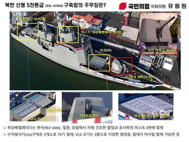 최현호 수직발사기(VLS) 구역은 3개소로 74기가 탑재되며, VLS는 함대공, 햠대지, 함대함 마시일 탑재가 가능한 3종으로분석됐다. 유용원 의원실 제공