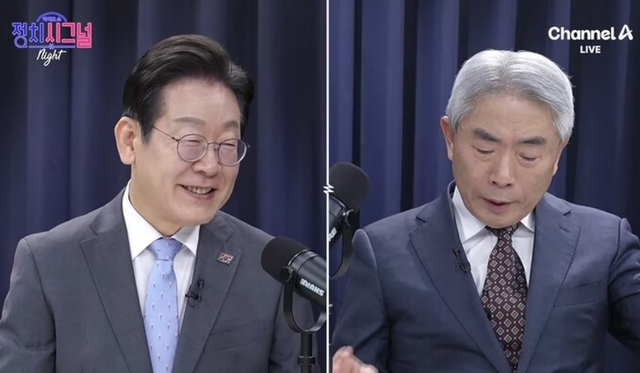 이재명 더불어민주당 대선 후보와 ‘보수논객’ 정규재 전 한국경제신문 주필이 지난달 13일 채널에이(A) 유튜브 방송 ‘정치시그널’에서 대담을 하는 모습. 채널A 유튜브 캡쳐