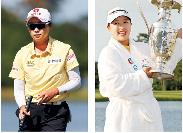 김효주(왼쪽 사진)가 28일(한국시간) LPGA투어 메이저대회 셰브론 챔피언십 최종 4라운드 18번 홀에서 그린을 읽고 있다. 연장 끝에 우승하고 호수세리머니를 펼쳤던 일본의 사이고 마오(오른쪽)가 트로피를 들고 기념촬영을 하고 있다. AFP 연합뉴스