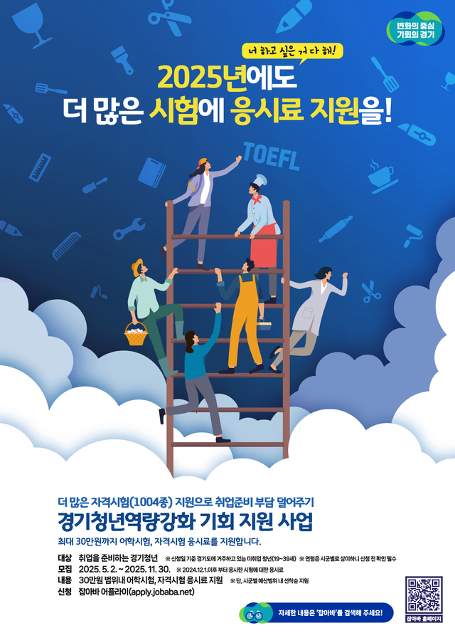 미취업 청년에 대해 어학·자격시험 응시료를 지원하는 ‘경기청년 역량강화 기회 지원 사업’ 포스터. 경기도청 제공