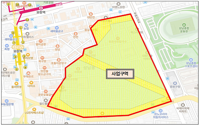 경기 성남시 소규모 점포 청년창업 지원사업 구역인 성남동 모란 중심상권 뒤편 위치도. 성남시청 제공