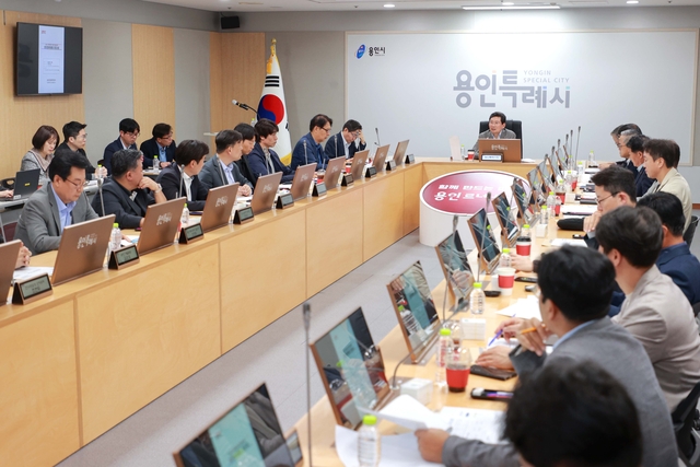 지난달 30일 경기 용인시청 영상회의실에서 시민프로축구단 창단준비위원회 1차 회의가 열리고 있다. 용인시청 제공