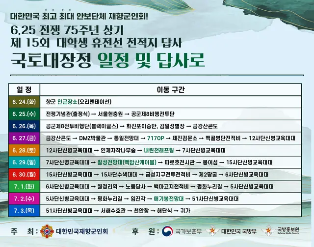 대한민국재향군인회 주최 2025 국토대장정 일정과 답사로. 대한민국재향군인회 제공