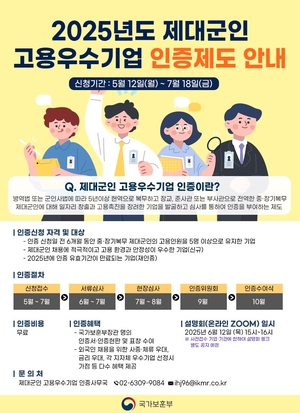 보훈부, 오늘부터  제대군인 고용 우수기업 신청 접수…선정 시 금리 우대·관세 조사 유예 등 혜택