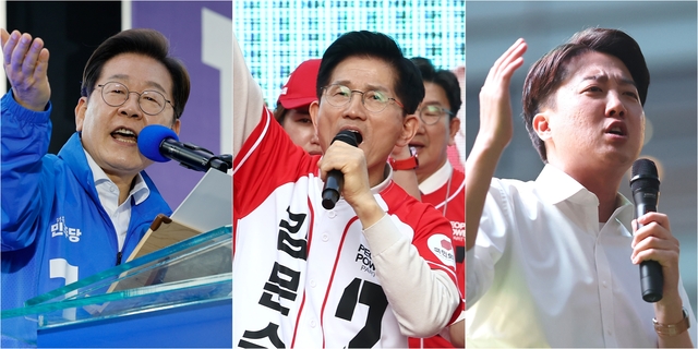 (왼쪽부터) 이재명 더불어민주당 대선 후보, 김문수 국민의힘 대선 후보, 이준석 개혁신당 대선 후보. 연합뉴스