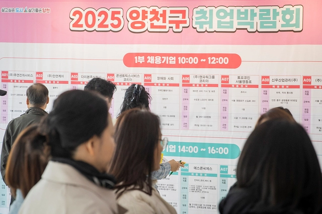 지난달 개최된 ‘2025 양천구 취업박람회’에서 구직자들이 취업정보를 확인하고 있다. 양천구청 제공