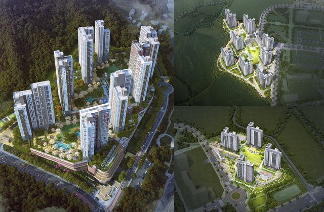 거제 아주 공공지원 민간임대주택 조감도(왼쪽), 밀양부북 A-1BL 조감도(오른쪽 위), S-2BL 조감도(오른쪽 아래). BS한양 제공