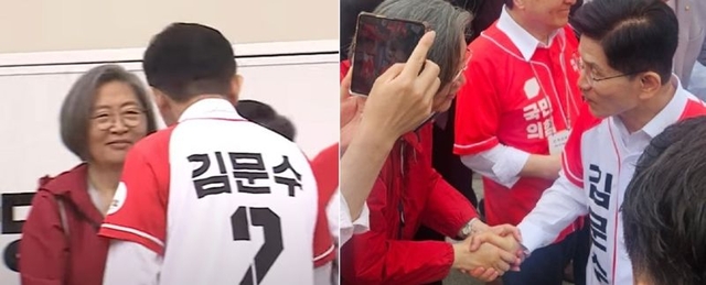 김문수(오른쪽) 국민의힘 대선 후보가 이수정 경기 수원정 당협위원장과 악수하고 있다. SNS 캡처