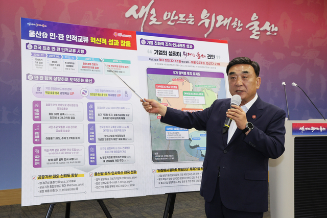 김두겸 울산시장이 23일 울산시청 프레스센터에서 ‘민·관 인적교류’ 정책 성과를 설명하고 있다. 울산시청 제공