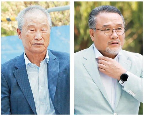 주가조작 의혹을 받고 있는 삼부토건 전·현직 최고경영자들이 10일 오전 김건희특검팀 조사를 받기 위해 서울 종로구 KT광화문빌딩웨스트에 마련된 특검 사무실에 출두했다. 왼쪽 사진은 조성옥 전 삼부토건 회장, 오른쪽은 이일준 삼부토건 회장. 연합뉴스