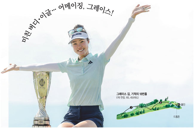호주교포 그레이스 김이 13일 밤(한국시간) 여자골프 메이저대회 아문디 에비앙 챔피언십에서 자신의 첫 번째 메이저 타이틀을 따낸 뒤 포즈를 취하고 있다. AFP 연합뉴스