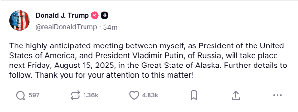 [속보]트럼프 “푸틴과 15일 알래스카서 만날 것”…우크라 전쟁 분수령 맞나