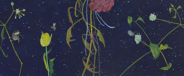 낮별-맨드라미, 장지에 먹, 분채, 71x167cm, 2025