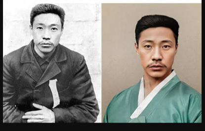 안중근 의사 사진 원본(왼쪽)과 인공지능(AI)을 통해 복원된 이미지(오른쪽). 한국갤럽의 ‘생각나는 독립운동가’  질문에 2015년에 이어 올해도 부동의 1위로 조사됐다. 국가보훈부 제공