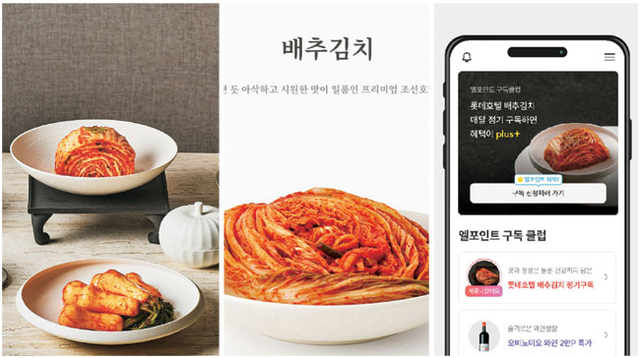 정기적으로 김치를 구독하는 서비스가 인기를 끌고 있는 가운데, 왼쪽 사진부터 워커힐 호텔앤리조트의 ‘워커힐 수펙스(SUPEX) 김치’, 조선호텔앤리조트에서 출시한 ‘조선호텔 김치’, 롯데멤버스가 엘포인트 구독클럽을 통해 선보이는 롯데호텔 김치 구독 서비스.  각사 제공