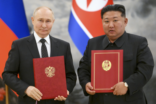 김정은(오른쪽) 북한 국무위원장과 블라디미르 푸틴 러시아 대통령. AP 연합뉴스