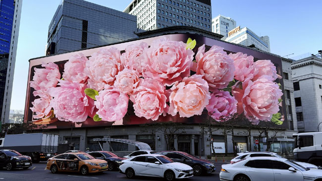서울 중구 신세계백화점 본점 외벽에 설치된 초대형 디지털 사이니지에서 꽃이 피는 영상이 송출되고 있다.  신세계백화점 제공
