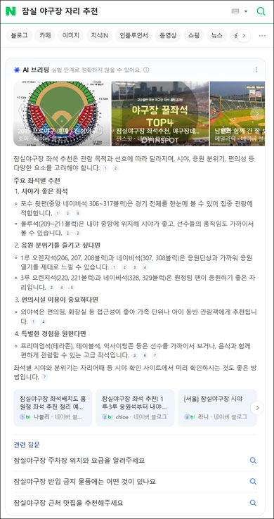 검색어 ‘잠실 야구장 자리 추천’에 대한 네이버 ‘AI 브리핑’의 답변.  네이버 제공