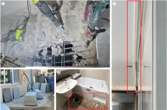 1 최근 준공을 앞둔 대구의 한 아파트 단지에서 시공사가 공사가 끝난 비상계단을 깎아내고 있는 장면. 2~3 이달 전남 무안의 신축 아파트 사전점검 당시 입주 예정자들이 발견한 휜 천장 몰딩과 미시공된 욕실 바닥 타일. 4 지난 17일 진행된 서울 구로구 신축 아파트 사전점검에서 아파트 곳곳이 미시공 상태로 공사 자재가 널브러져 있는 모습. 보배드림 및 독자 제공
