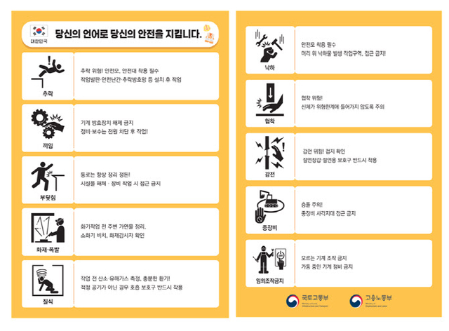 국토교통부-고용노동부가 제작한 다국어 안전표지 국문판. 국토교통부 제공.