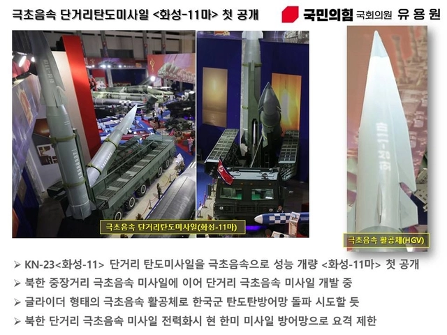 북한이 지난 5일 무장장비 전시회 ‘국방발전-2025’ 에서 처음 공개한 극초음속 단거리탄도탄 화성-11마. 노동당 창건 80주년 열병식에서 선보일 것으로 보인다. 유용원 의원실 제공