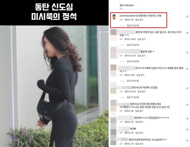 이준석 개혁신당 대표가 ‘동탄미시룩’ 관련 게시물에 단 댓글. 사진은 가수 선미. 이준석 의원 페이스북 캡처