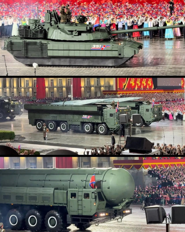 8일부터 방북 중인 싱가포르 사진작가 아람판씨가 ‘DPRK360’이라는 이름의 인스타그램 계정에 노동당 창건 80주년 열병식에서 등장한 무기를 공개했다. 위쪽부터 신형 천마-20 전차, 단거리 극초음속미사일 ‘화성-11마’, 화성-19형 대륙간탄도미사일(ICBM).ⓒDPRK360 인스타그랩 캡처