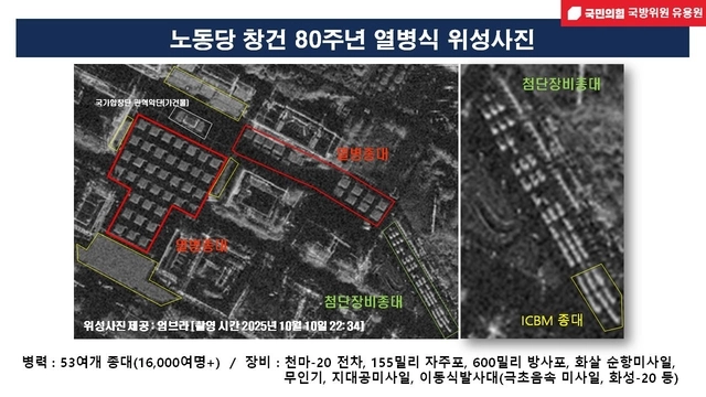 10일 오후 10시 1분 및 10시 34분 평양 김일성 광장에서 진행된 북한 당 창건 80주년 열병식에서 미국 상업위성에 포착된 북한 첨단방비중대의 천마-20 전차, 155mm 자주포, 600mm 방사포, 화살 순항미사일, 무인기, 지대공미사일, 이동식발사대(단거리 극초음속 미사일 화성-11마, 화성-19 또는 화성-20 대륙간탄도미사일(ICBM) 등이 포착됐다. 미국 위성업체 ‘엄브라’ 홈페이지 캡처/유용원 의원실 제공