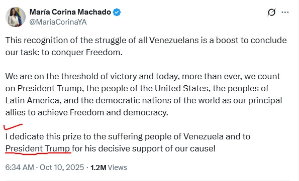 노벨평화상 수상 야권 지도자 마리아 코리나 마차도 X 계정 게시글. 이 상을 도널드 트럼프 미국 대통령 헌정한다는 표현이 나온다. 마리아 코리나 마차도 X 계정 캡처