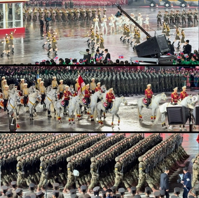 북한이 지난 10일 평양 김일성광장에서 개최한 심야 열병식에서 백마를 탄 군인과 특수부대원들이 주석단 앞을 통과하는 모습. DRDK360 인스타그램 캡처.