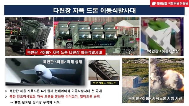 지난 10일 김일성 광장에서 진행된 북한 심야 열병식에서 공개된 다련장 자폭드론 이동식발사대. 유용원 의원실 제공