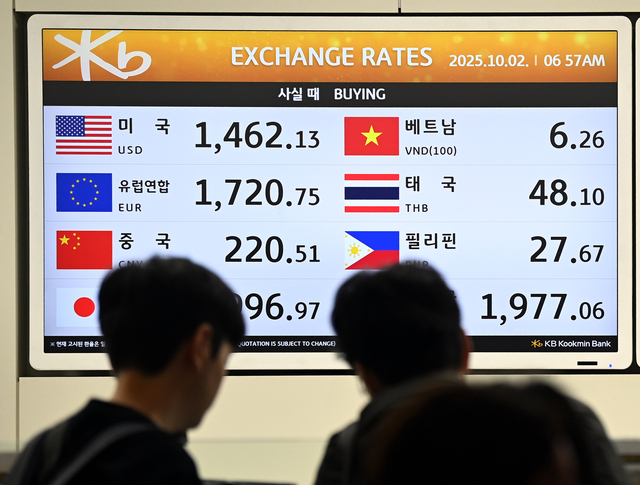 지난 2일 오전 인천국제공항 제1터미널 환전소에서 추석 연휴 기간 해외로 떠나는 관광객들이 환율 현황판을 확인하고 있다. 박윤슬 기자
