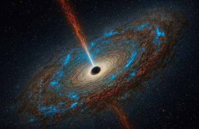 두꺼운 먼지에 싸인 모은하에서 강한 푸른빛이 보이는 초대질량 블랙홀 은하 상상도. 한국천문연구원