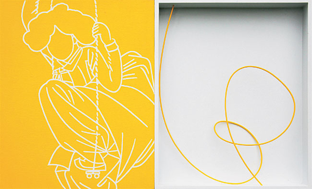 한만영, ‘시간의 복제-노란 선’, 50×82×6.6㎝, 캔버스에 아크릴, 상자와 전선.