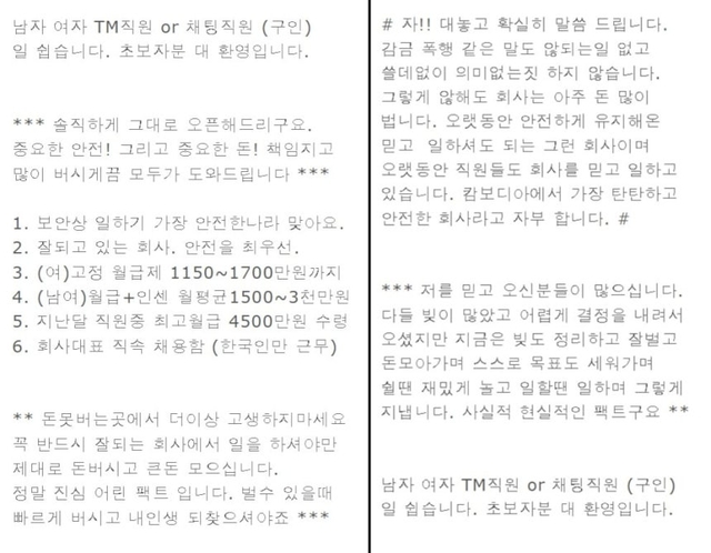 고수익을 홍보하는 캄보디아 구인 글.  온라인 커뮤니티 캡처