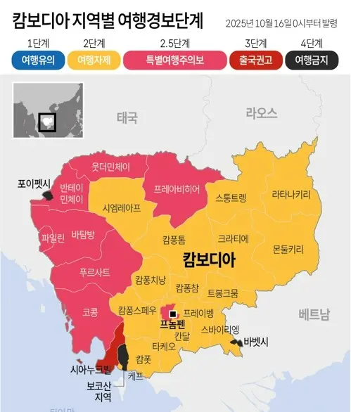 외교부는 캄보디아 일부 지역에 대해 16일 0시를 기해 여행경보 4단계 ‘여행금지’를 발령하고 여타 지역에 대해서도 기존의 여행경보를 상향 조정한다고 15일 밝혔다. 연합뉴스