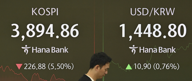 코스피가 전 거래일(4121.74)보다 66.27포인트(1.61%) 내린 4055.47에 개장한 5일 오전 서울 중구 하나은행 본점 딜링룸에서 딜러들이 업무를 보고 있다. 이날 코스닥지수는 전 거래일(926.57)보다 4.29포인트(0.79%) 하락한 919.28에, 원·달러 환율은 전 거래일(1437.9원)보다 5.6원 오른 1443.5원에 출발했다. 2025.11.05. 백동현 기자