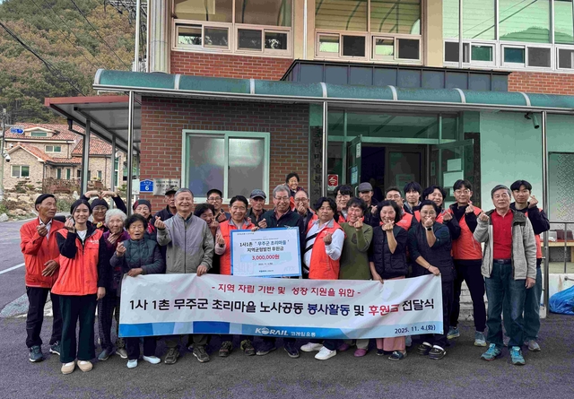 코레일유통 임직원들이 전북 무주군 초리마을을 방문해 후원금을 전달하고 기념 사진을 촬영하고 있다. 코레일유통 제공