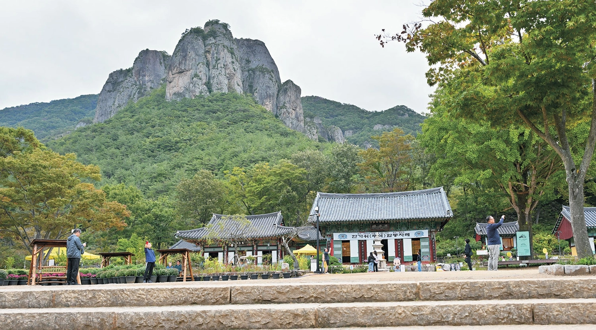 절집 대전사와 우뚝 솟은 주왕산 기암.