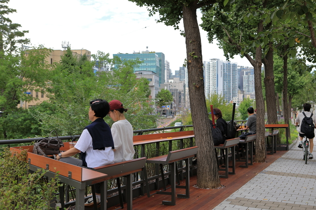 성북천 일대가 개방형 수변공간으로 새롭게 조성된 가운데, 시민들이 풍경을 즐기고 있다. 성북구청 제공