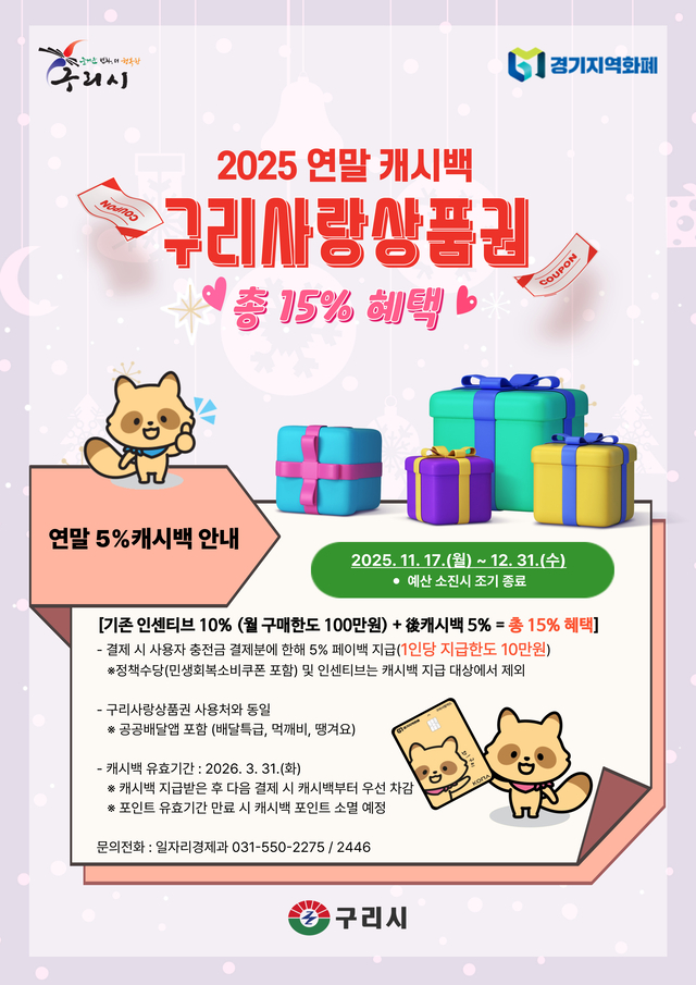 구리시는 오는 17일부터 12월 31일까지 ‘구리사랑상품권 연말 5% 적립금 지원 사업’을 추진한다. 구리시 제공