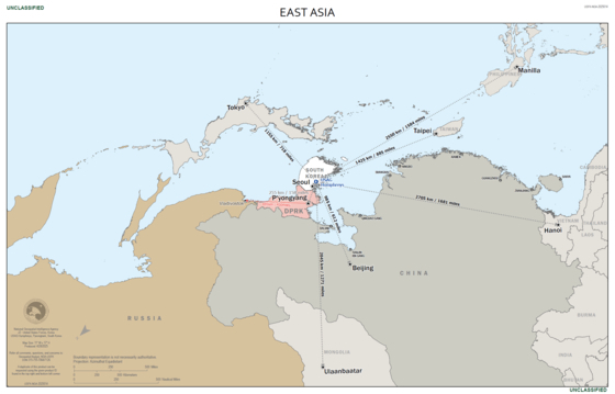 동쪽이 위인 지도는 한반도를 가운데 놓고, 남북을 180도 뒤집은 동아시아 지도를 말한다. 주한미군은 올해 초부터 브런스 사령관의 지시에 따라 내부 교육용으로 이 지도를 사용해왔다. 주한미군사령부 제공