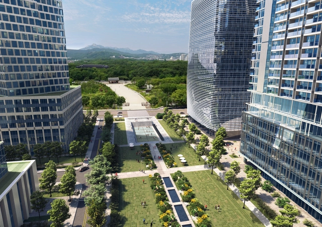 세운상가 일대 재개발 조감도. 중앙 녹지구역의 오른쪽이 세운4구역으로, 서울시에 따르면 높이제한을 완화해도 종묘의 경관은 보전된다. 서울시청 제공