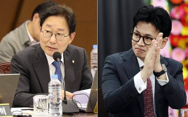 박범계(왼쪽) 더불어민주당 의원과 한동훈 전 국민의힘 대표. 연합뉴스