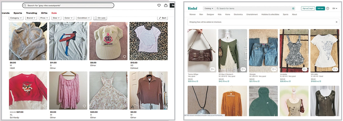중고패션 거래 사이트 디팝(왼쪽부터)과 빈티드 홈페이지에 이용자들이 판매를 위해 올린 중고 상품들이 게시돼 있다.  각사 홈페이지 캡처